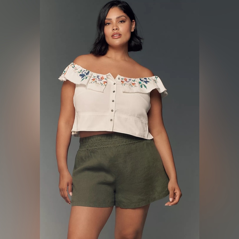 Embroidered White Ruffle-Sleeve Button Front Top